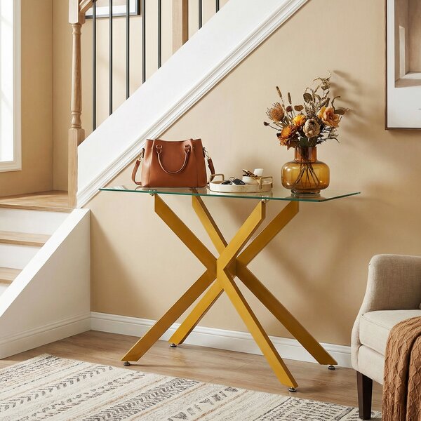 Costway Tavolino consolle in vetro piano temperato trasparente gambe tubolari metalliche, Tavolo moderno 115 cm divano soggiorno corridoio ingresso Oro
