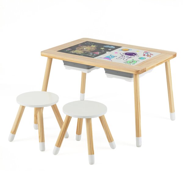Costway Tavolo sensoriale attività per bambini con 2 sgabelli, Piano doppio lato rimuovibile contenitori gambe legno 3+ anni