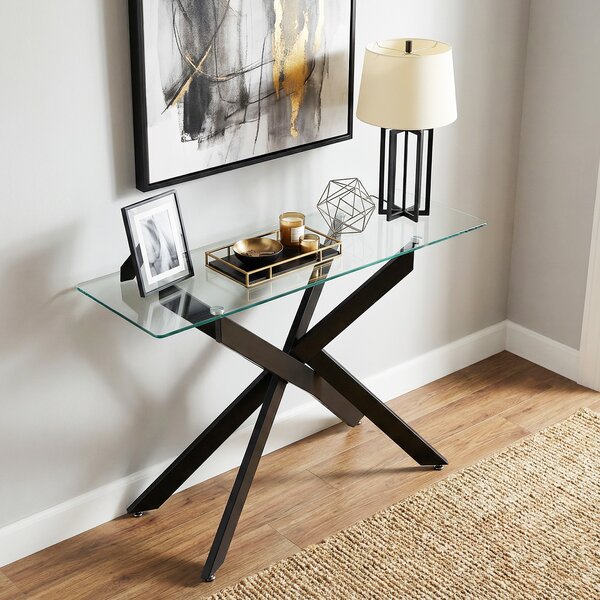 Costway Tavolino consolle in vetro piano temperato trasparente gambe tubolari metalliche, Tavolo moderno 115 cm divano soggiorno corridoio ingresso Nero