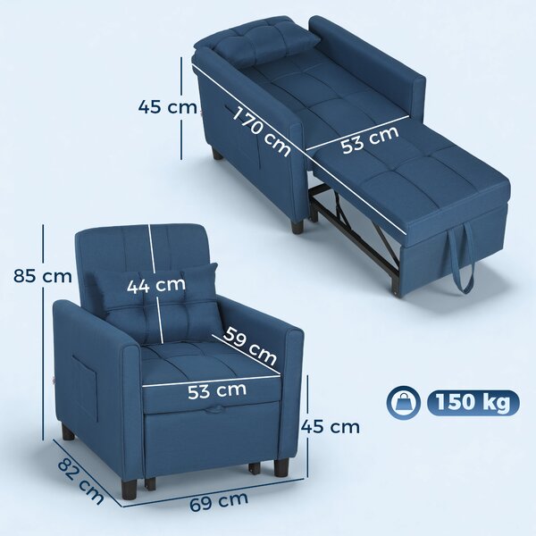 HOMCOM Poltrona Letto Pieghevole con Schienale Regolabile e Cuscino, Blu | Aosom Italy