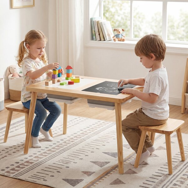 Costway Tavolo sensoriale attività per bambini con 2 sgabelli, Piano rimovibile doppio lato contenitori gambe legno 3+ anni