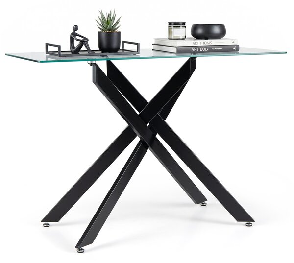 Costway Tavolino consolle in vetro piano temperato trasparente gambe tubolari metalliche, Tavolo moderno 115 cm divano soggiorno corridoio ingresso Nero