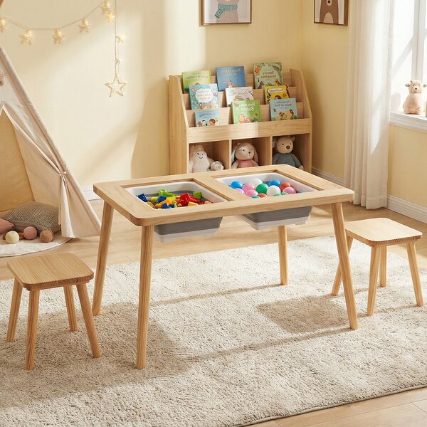 Costway Tavolo sensoriale attività per bambini con 2 sgabelli, Piano rimovibile doppio lato contenitori gambe legno 3+ anni
