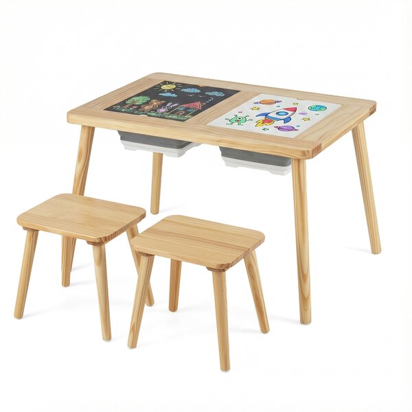 Costway Tavolo sensoriale attività per bambini con 2 sgabelli, Piano rimovibile doppio lato contenitori gambe legno 3+ anni