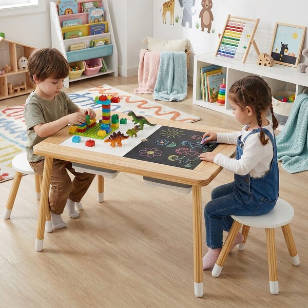 Costway Tavolo sensoriale attività per bambini con 2 sgabelli, Piano doppio lato rimuovibile contenitori gambe legno 3+ anni