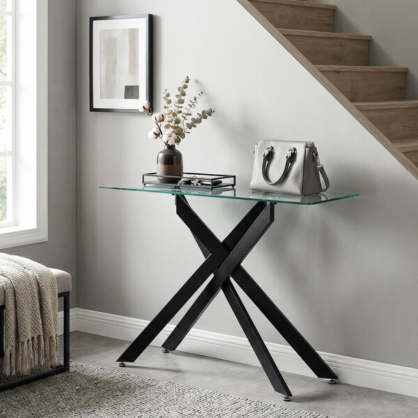 Costway Tavolino consolle in vetro piano temperato trasparente gambe tubolari metalliche, Tavolo moderno 115 cm divano soggiorno corridoio ingresso Nero