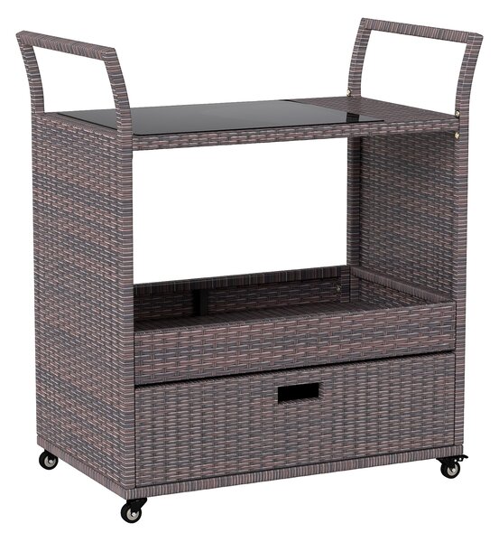 Costway Carrello bar da esterno in rattan con piano in vetro temperato, Ripiano aperto cassetto capiente per patio veranda cortile giardino