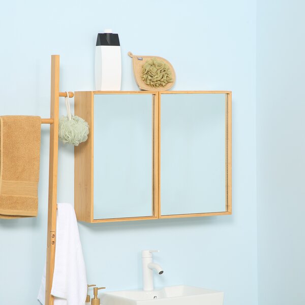 Kleankin Specchiera da Bagno in Bambù e Vetro con 3 Ripiani, 2 Ante e Montaggio a Muro, 65.2x14x50 cm, color Legno | Aosom Italy