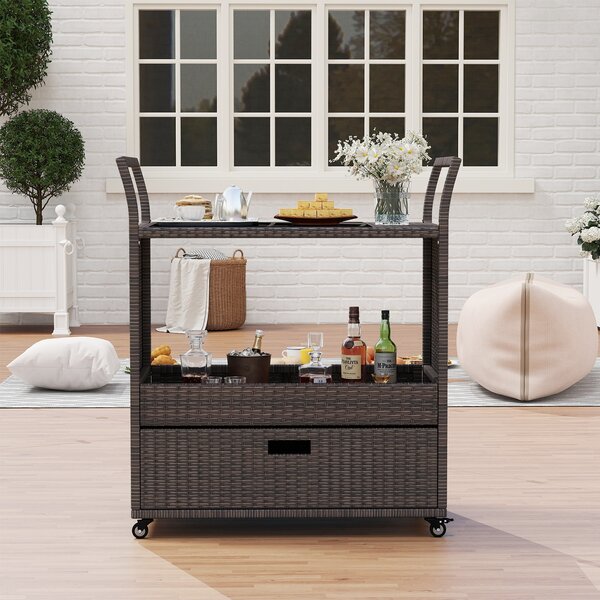 Costway Carrello bar da esterno in rattan con piano in vetro temperato, Ripiano aperto cassetto capiente per patio veranda cortile giardino