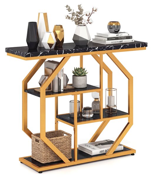 Costway Tavolo consolle moderno a 4 ripiani con mensole e piano effetto marmo, Struttura geometrica metallo per ingresso corridoio soggiorno dietro divano
