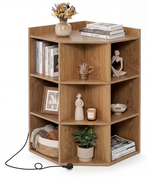 Costway Mobile ad angolo a 3 livelli con stazione di ricarica, Libreria angolare in legno con 2 porte USB e 4 prese Naturale