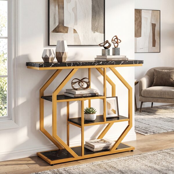 Costway Tavolo consolle moderno a 4 ripiani con mensole e piano effetto marmo, Struttura geometrica metallo per ingresso corridoio soggiorno dietro divano
