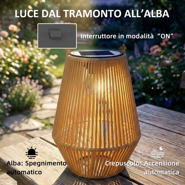 Outsunny Set di 2 Lampade Solari in Rattan,con Accensione/Spegnimento Automatico, IP44, 16x16x21 cm, Marrone | Aosom Italy