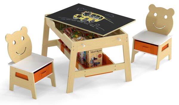 Costway Tavolo per bambini e 2 sedie con piano reversibile lavagna bianca e gesso, Set scrivania artistica 5-in-1 con 4 ganci vano portaoggetti e contenitori 3-10 anni 45cm Naturale