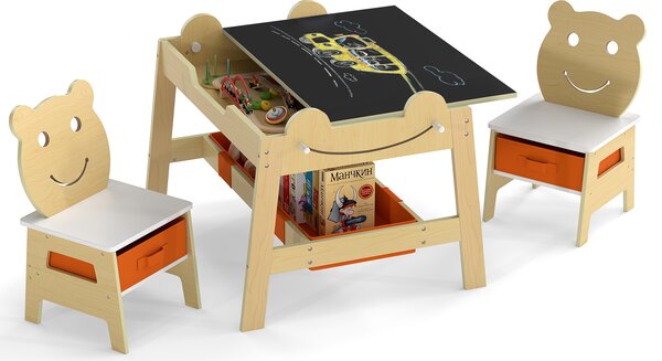 Costway Tavolo per bambini e 2 sedie con piano reversibile lavagna bianca e gesso, Set scrivania artistica 5-in-1 con 4 ganci vano portaoggetti e contenitori 3-10 anni 50cm Naturale