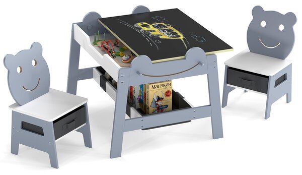 Costway Tavolo per bambini e 2 sedie con piano reversibile lavagna bianca e gesso, Set scrivania artistica 5-in-1 con 4 ganci vano portaoggetti e contenitori 3-10 anni 50cm Grigio