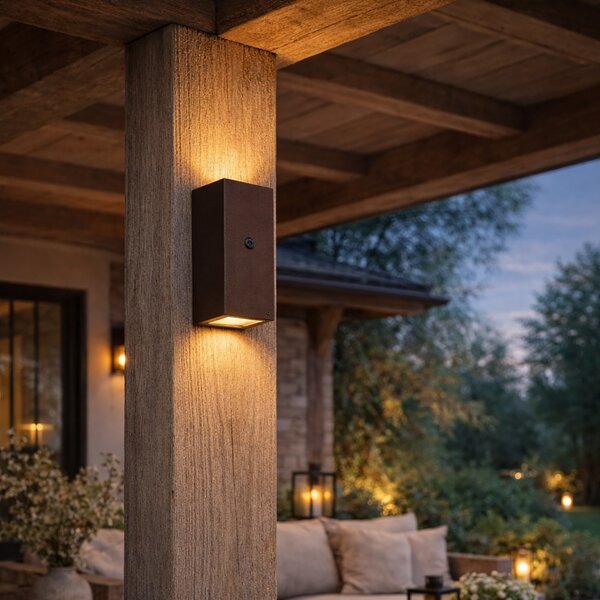 Lampada da parete marrone ruggine 2 luci GU10 AR70 IP44 con sensore chiaro-scuro - Baleno