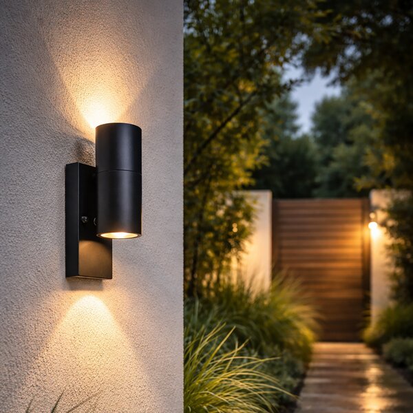Lampada da parete per esterni nera a 2 luci IP44 con sensore crepuscolare - Duo