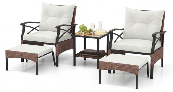 Costway Set di mobili da giardino in rattan a 5 pezzi con sedie e poggiapiedi esterni, Tavolino in vetro temperato a 2 livelli con cuscini per portico e balcone Beige