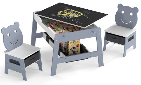 Costway Tavolo per bambini e 2 sedie con piano reversibile lavagna bianca e gesso, Set scrivania artistica 5-in-1 con 4 ganci vano portaoggetti e contenitori 3-10 anni 45cm Grigio