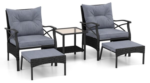 Costway Set di mobili da giardino in rattan a 5 pezzi con sedie e poggiapiedi esterni, Tavolino in vetro temperato a 2 livelli con cuscini per portico e balcone Nero