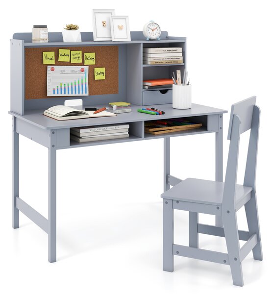 Costway Set scrivania e sedia in legno per bambini con bacheca in sughero e cassetto, Set postazione computer con pensile e ripiani aperti per cameretta e scuola a casa Grigio