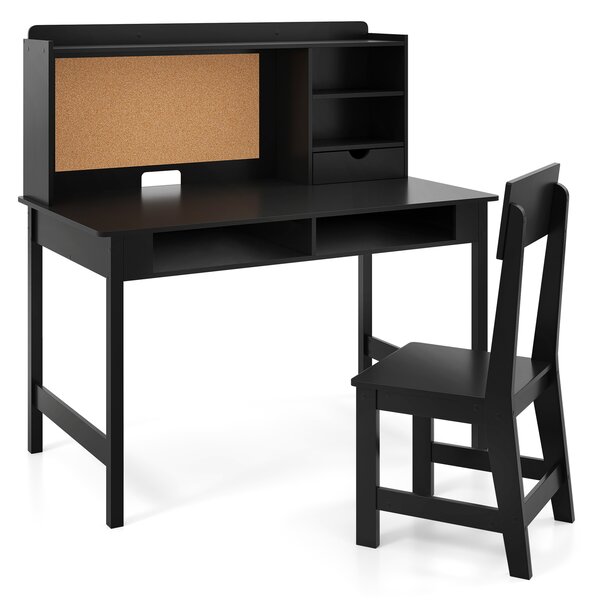 Costway Set scrivania e sedia in legno per bambini con bacheca in sughero e cassetto, Set postazione computer con pensile e ripiani aperti per cameretta e scuola a casa Nero