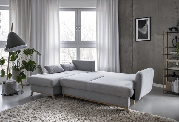 Divano angolare grigio chiaro allungabile/con contenitore (con penisola a sinistra/con chaise lounge) Scandic Lagom – Miuform