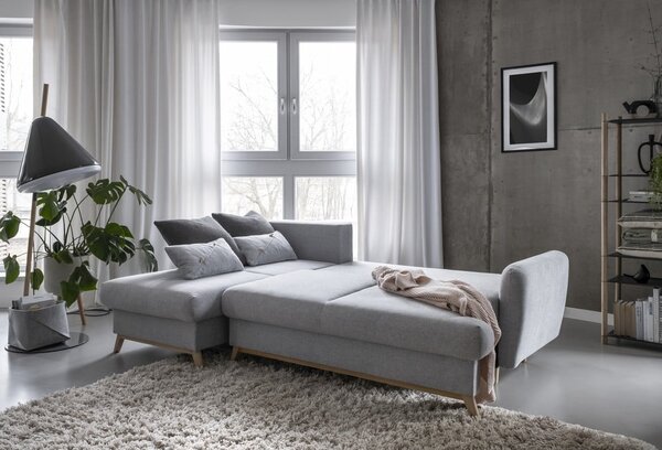 Divano angolare grigio chiaro allungabile/con contenitore (con penisola a sinistra/con chaise lounge) Scandic Lagom – Miuform