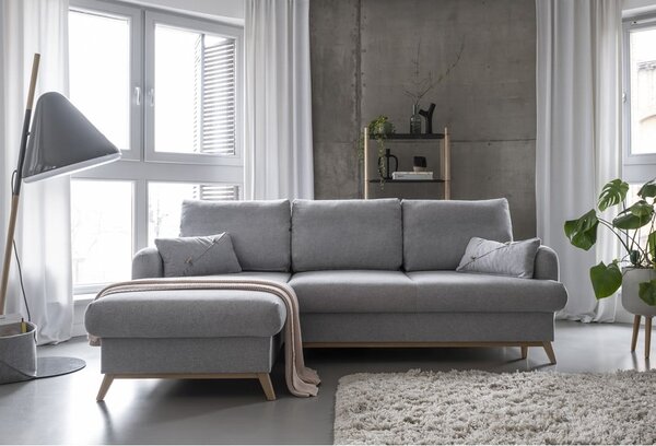 Divano angolare grigio chiaro allungabile/con contenitore (con penisola a sinistra/con chaise lounge) Scandic Lagom – Miuform