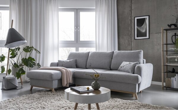 Divano angolare grigio chiaro allungabile/con contenitore (con penisola a sinistra/con chaise lounge) Scandic Lagom – Miuform