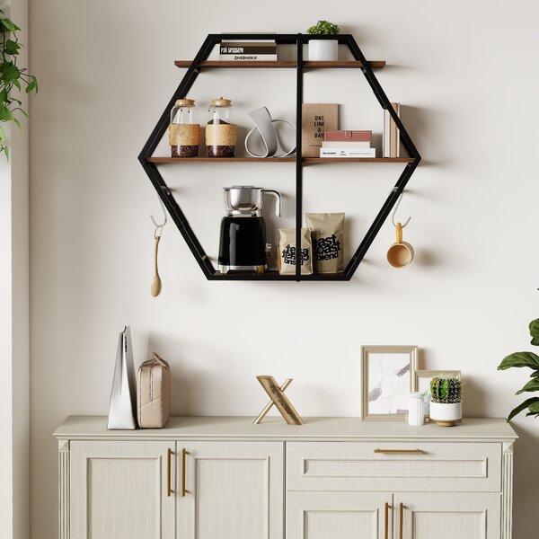 Costway Mensole esagonali industriali da parete con struttura in metallo e ganci, Mensole decorative galleggianti a 3 livelli in legno per camera da letto soggiorno e cucina