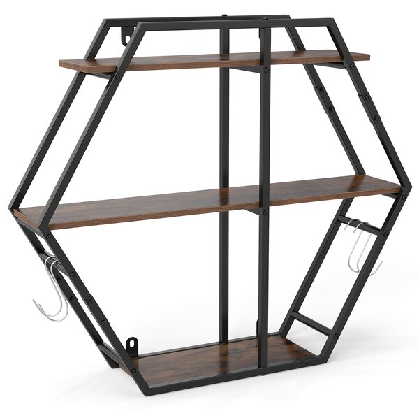 Costway Mensole esagonali industriali da parete con struttura in metallo e ganci, Mensole decorative galleggianti a 3 livelli in legno per camera da letto soggiorno e cucina