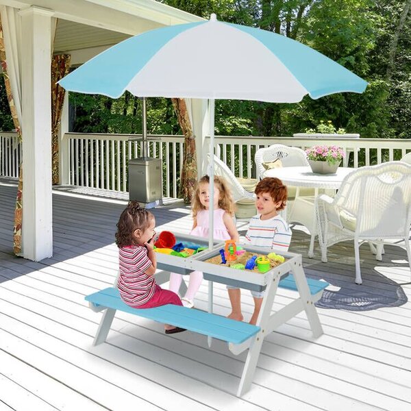 Costway Tavolo picnic per bambini con ombrellone rimovibile e regolabile panche in legno, Tavolino da interno esterno Colorato