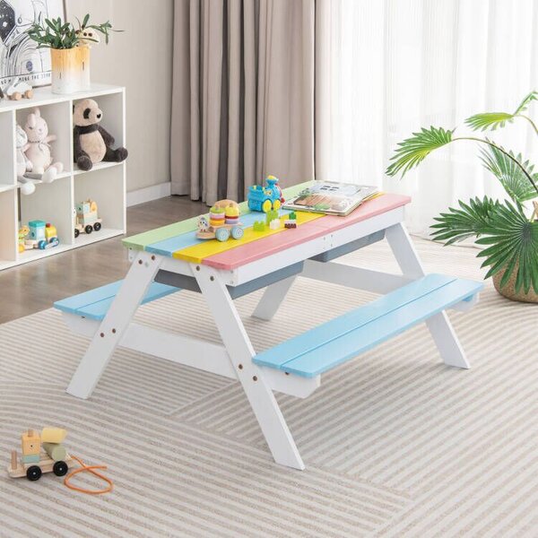 Costway Tavolo picnic per bambini con ombrellone rimovibile e regolabile panche in legno, Tavolino da interno esterno Colorato
