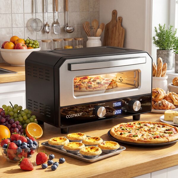 Costway Forno elettrico per pizza da interno con pietra refrattaria e 6 modalità preimpostate, Forno da banco per pizze 30 cm con cottura rapida fino a 400℃