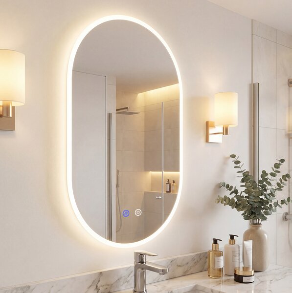 Costway Specchio illuminato da parete per bagno infrangibile con anti-appannamento e luce dimmerabile a 3 tonalità, Specchio in vetro temperato 90x55 cm