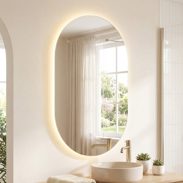 Costway Specchio illuminato per bagno da parete infrangibile con luce LED a 3 colori dimmerabile e antiappannamento, Specchio in vetro temperato HD 90 x 55 cm