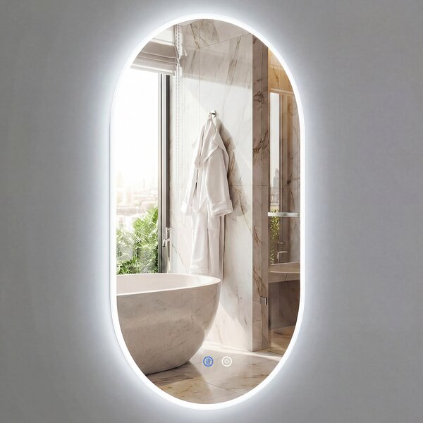 Costway Specchio illuminato da parete per bagno infrangibile con anti-appannamento e luce dimmerabile a 3 tonalità, Specchio in vetro temperato 90x55 cm