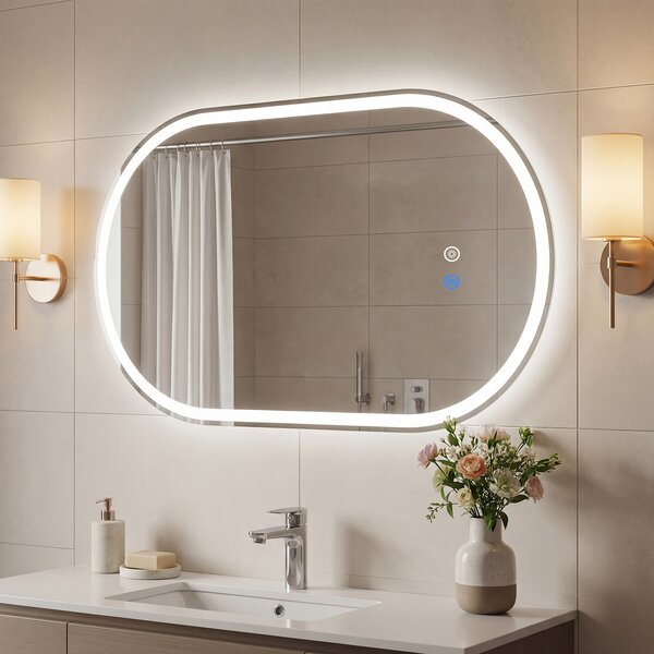 Costway Specchio illuminato per bagno con anti-appannamento e luce regolabile, Specchio infrangibile in vetro temperato 80x50 cm