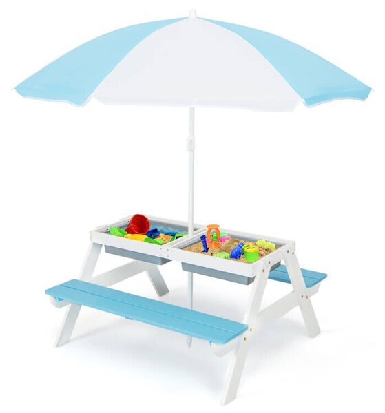 Costway Tavolo picnic per bambini con ombrellone rimovibile e regolabile panche in legno, Tavolino da interno esterno Colorato