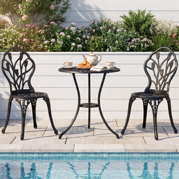 Costway Set da bistrot 3 pezzi in alluminio pressofuso con foro per ombrellone, Set da esterno per giardino cortile con decorazioni a tulipano Nero
