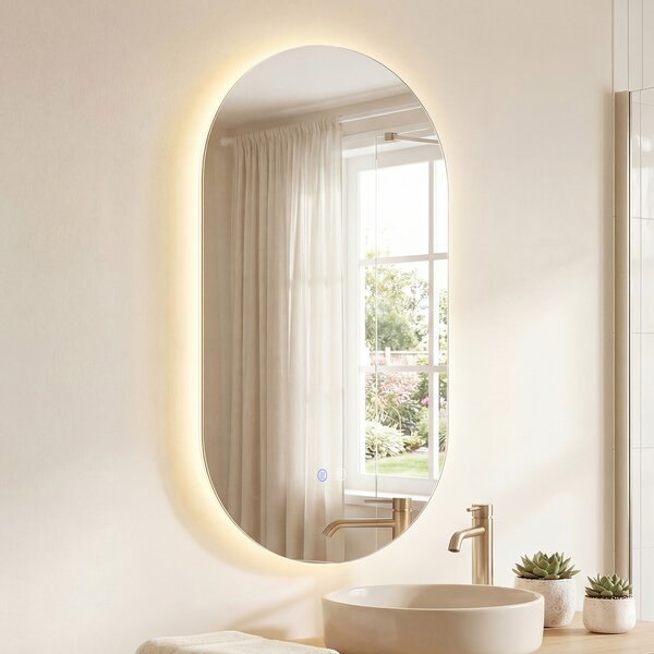 Costway Specchio illuminato per bagno da parete infrangibile con luce LED a 3 colori dimmerabile e antiappannamento, Specchio in vetro temperato HD 80 x 50 cm