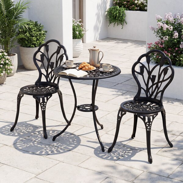 Costway Set da bistrot 3 pezzi in alluminio pressofuso con foro per ombrellone, Set da esterno per giardino cortile con decorazioni a tulipano Nero