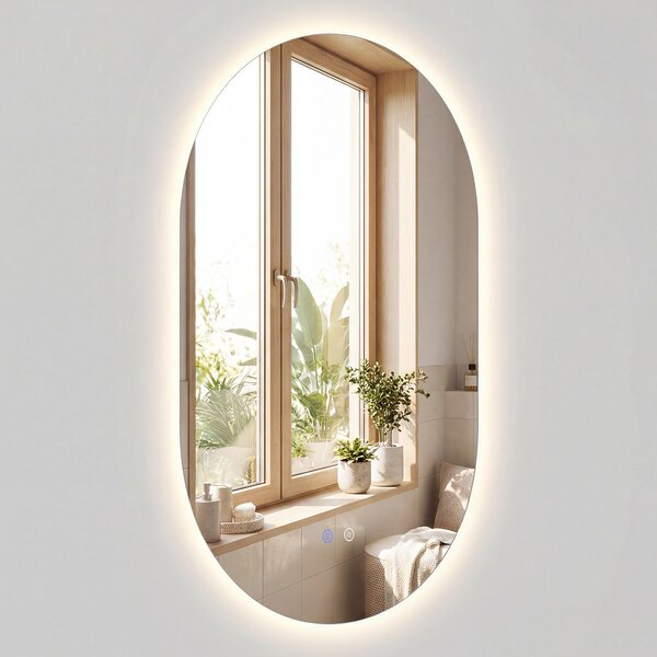 Costway Specchio illuminato per bagno da parete infrangibile con luce LED a 3 colori dimmerabile e antiappannamento, Specchio in vetro temperato HD 80 x 50 cm