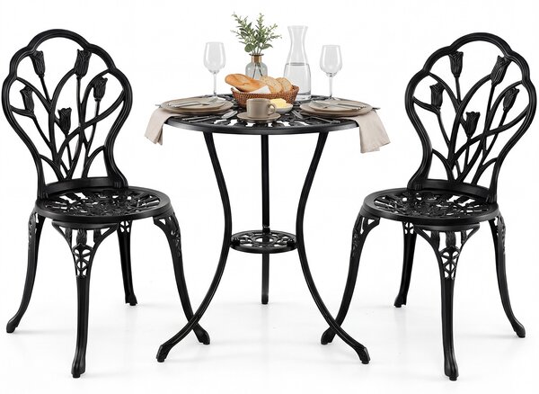 Costway Set da bistrot 3 pezzi in alluminio pressofuso con foro per ombrellone, Set da esterno per giardino cortile con decorazioni a tulipano Nero