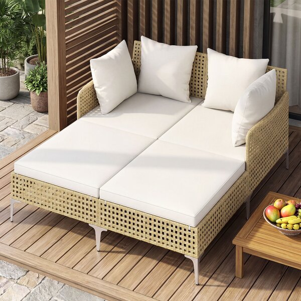 Costway Lettino doppio da esterno in rattan con cuscini per seduta e schienale, Chaise lounge in vimini per 2 persone con supporto in metallo