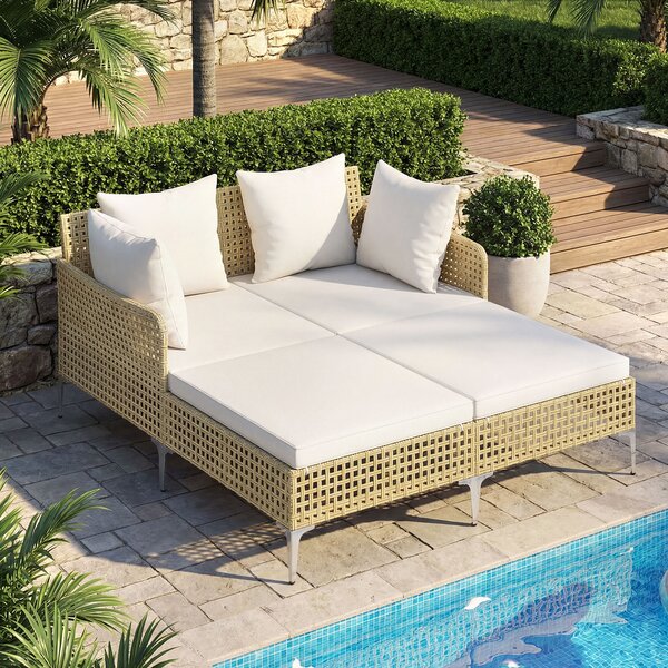 Costway Lettino doppio da esterno in rattan con cuscini per seduta e schienale, Chaise lounge in vimini per 2 persone con supporto in metallo