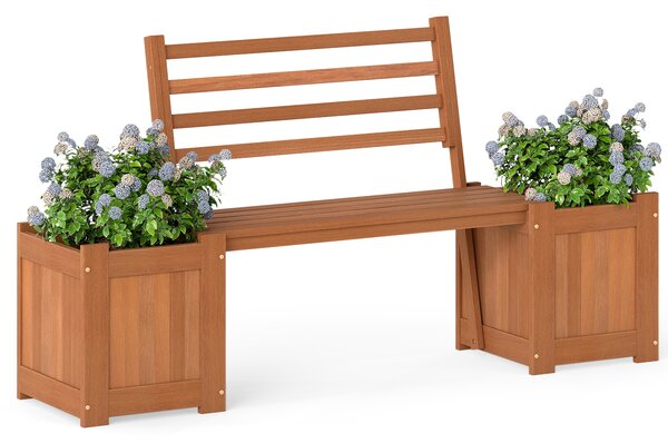 Costway Fioriera da esterno in legno con panca schienale e base aperta finiture olio di teak, Sedile da giardino con 2 fioriere per cortile e balcone