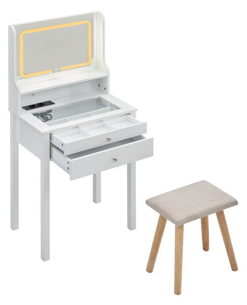 Costway Set toeletta con specchio LED regolabile prese di corrente cassetti e mensola aperta, Tavolo trucco con sgabello imbottito e piano in vetro